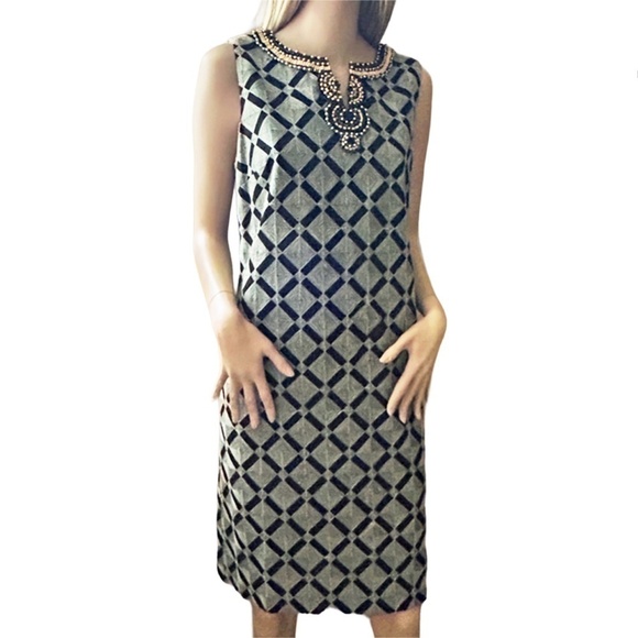 Ellen Tracy Shift Dress Tribal Beaded Boho Woven Geometric Linen Cotton Blend - Picture 3 of 14